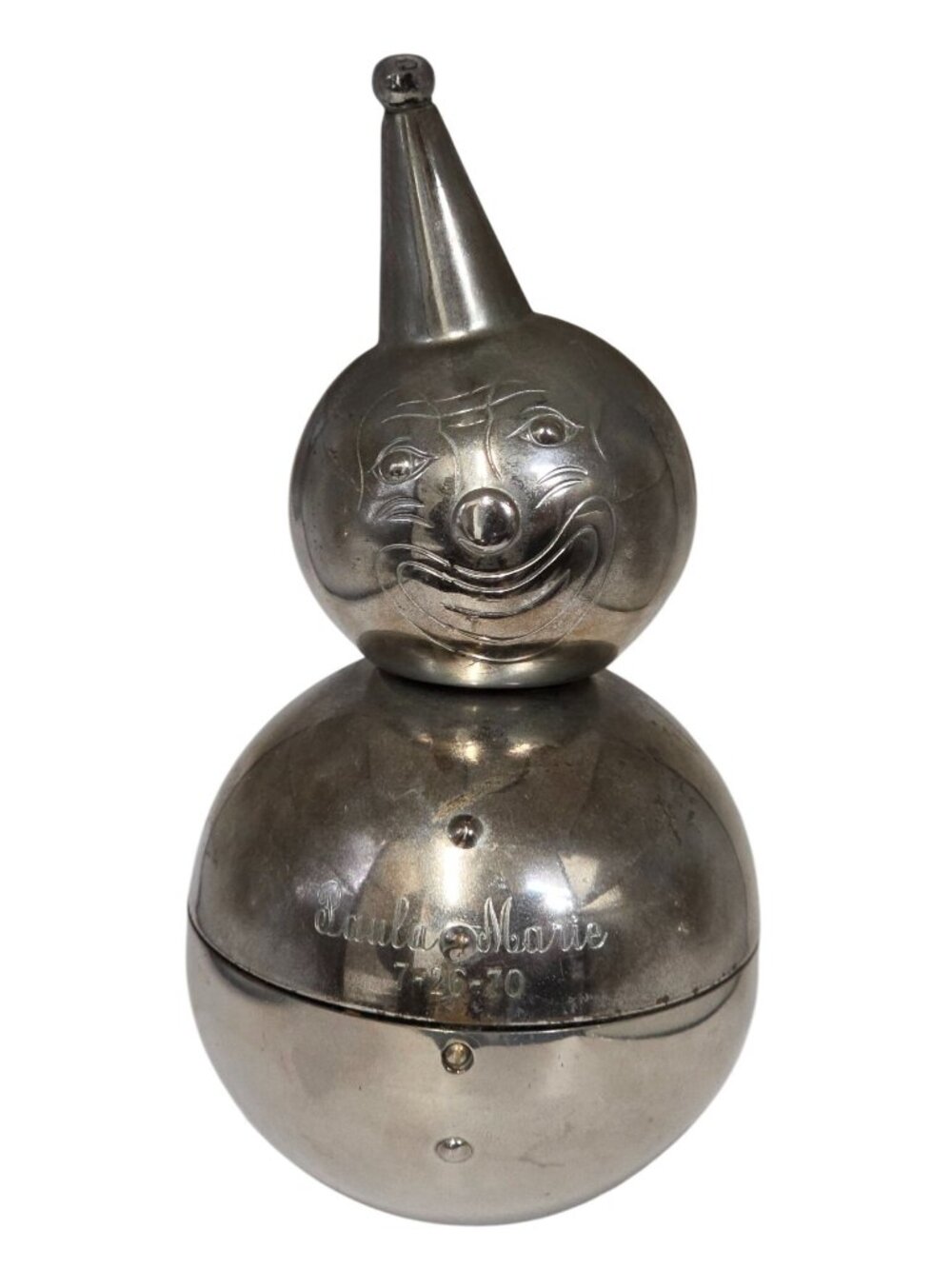 Vintage Raimond Clown Roly Poly Coin Bank Silver Tone Pat D-195968